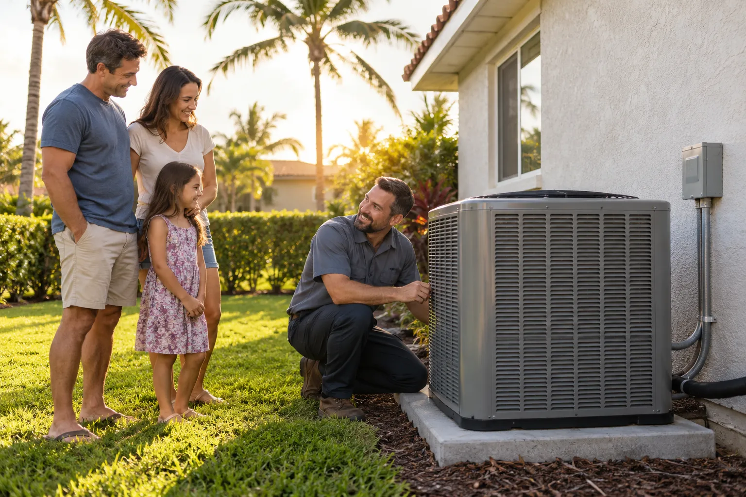 A friendly provider checking a new outdoor AC unit beside a block home in St. Petersburg