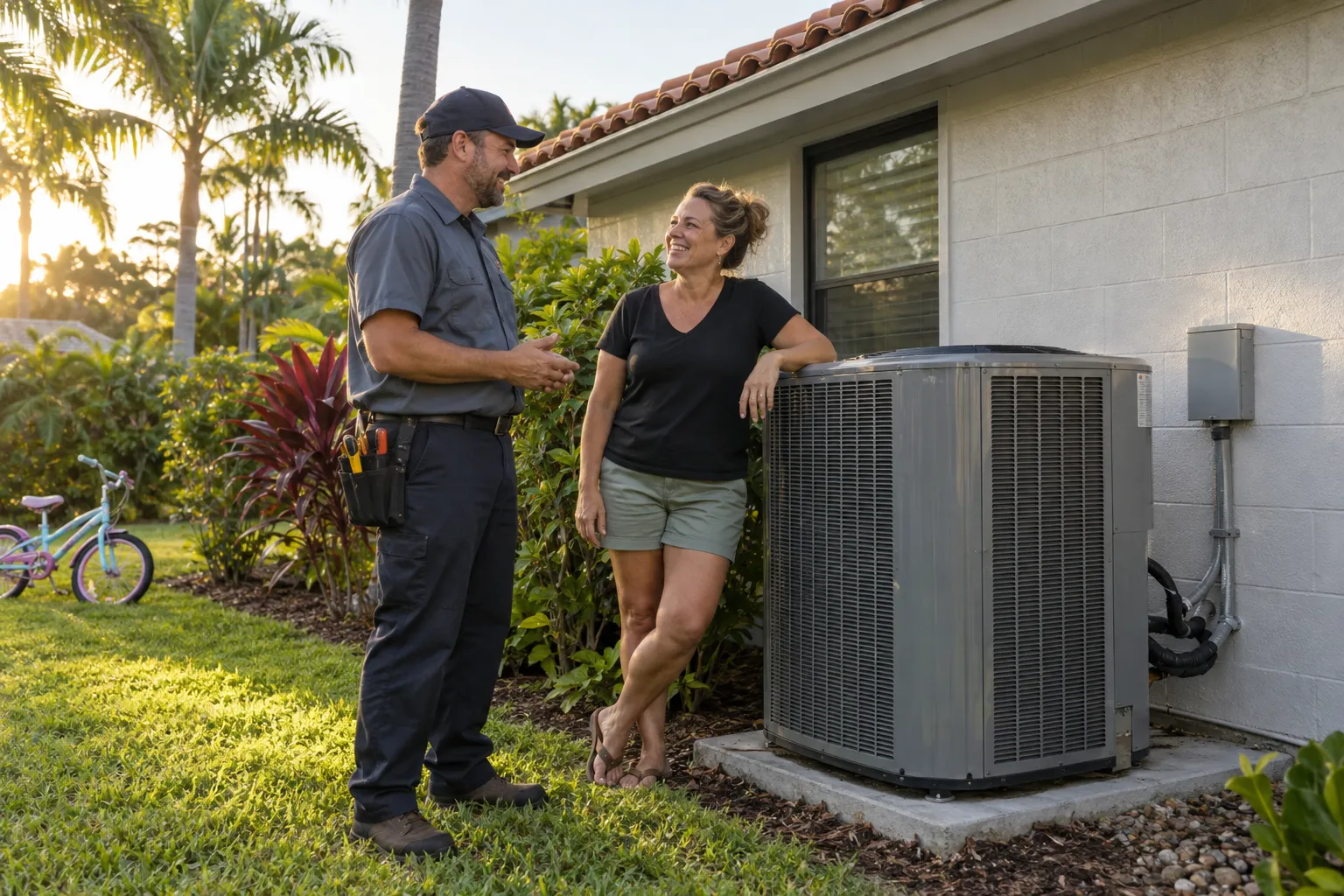 A friendly HVAC provider talking with a homeowner beside an outdoor AC unit in St. Petersburg